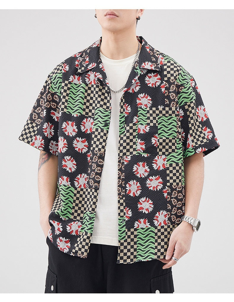 Chemise à manches courtes en seersucker de style hawaïen rétro pour homme