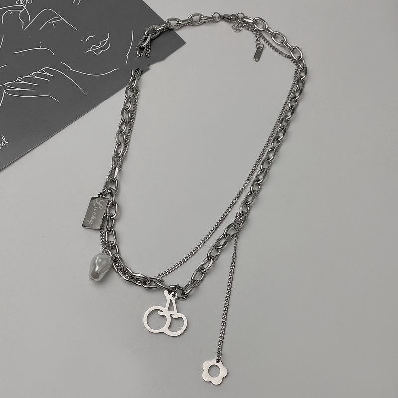Pearl Titanium Steel Hip Hop Multi-layer Stitching Necklace