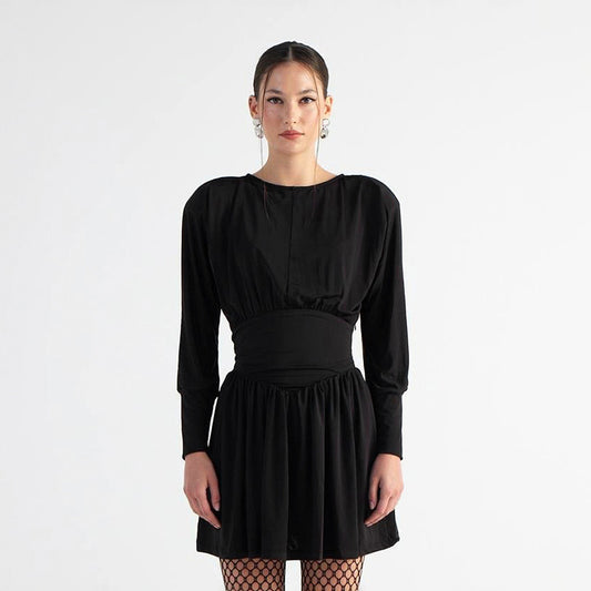 Solid Color Round Neck Waist Long Sleeve Short Dress