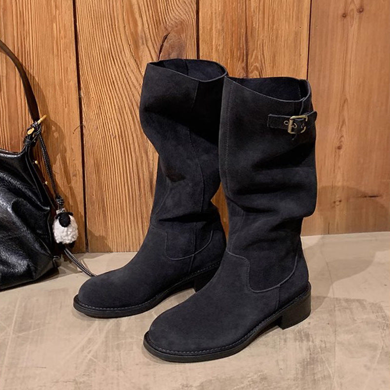 Bottes Maillard en cuir de vache à bout rond et boucle à talon épais sous le genou