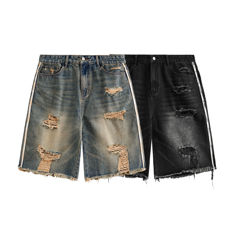 Men's Hip Hop Side Stripe Ripped Denim Shorts