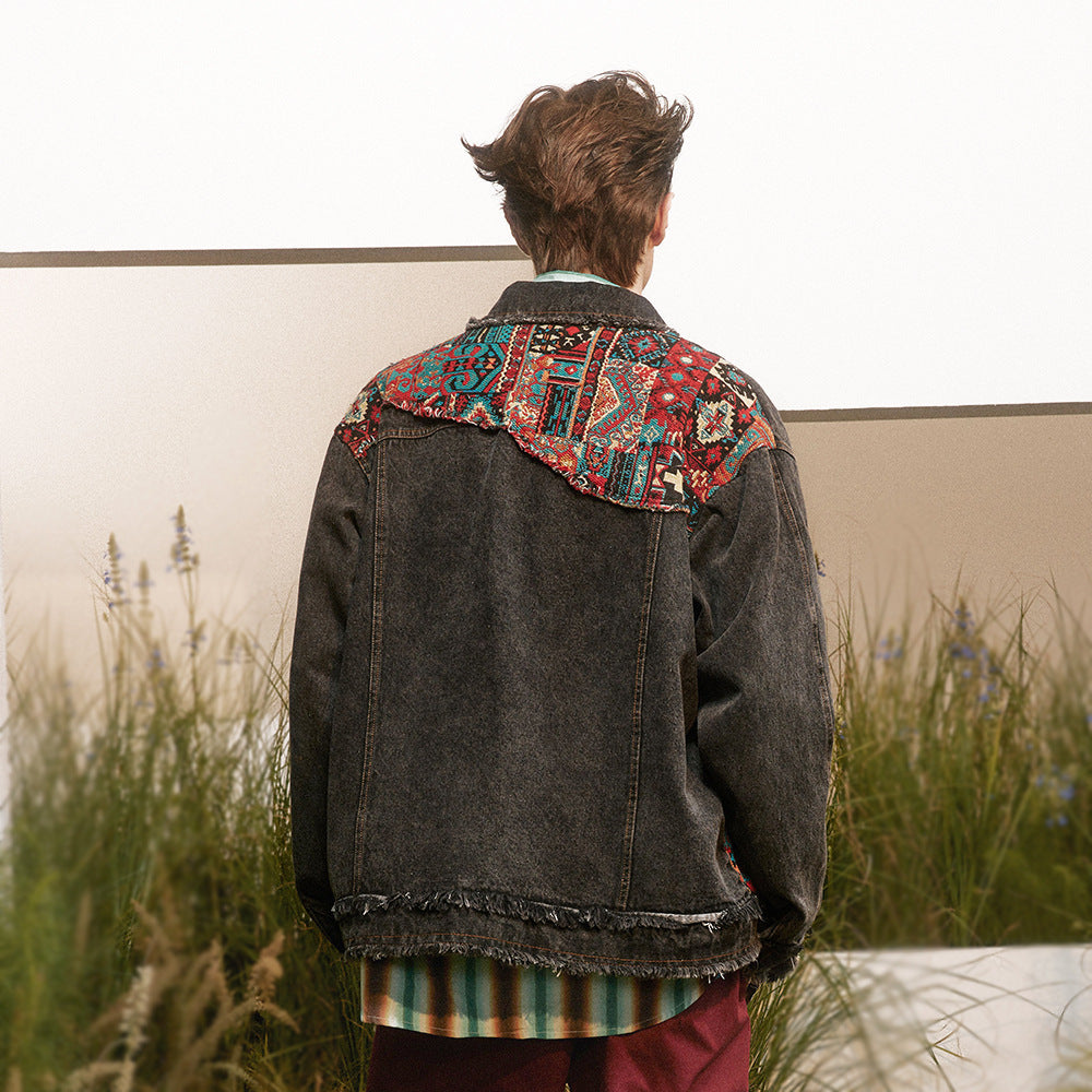 National Style Burrs Stitching Washed Denim Jacket