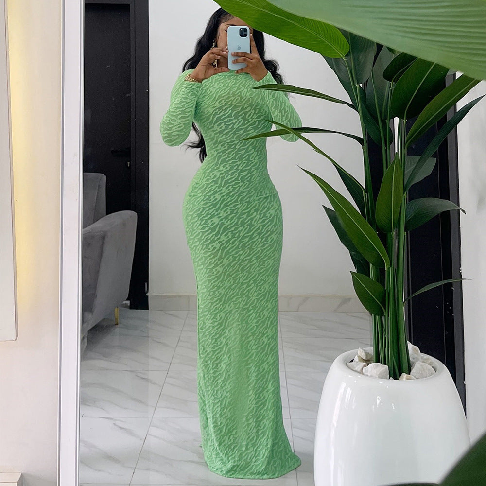 Round Neck Long Sleeve Flocking Slim Fit European And American Style Dress Women