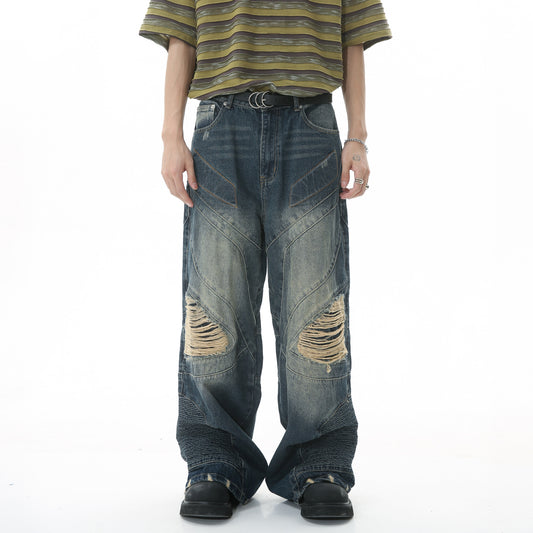 Jean déchiré style hip-hop à jambes larges et coutures apparentes