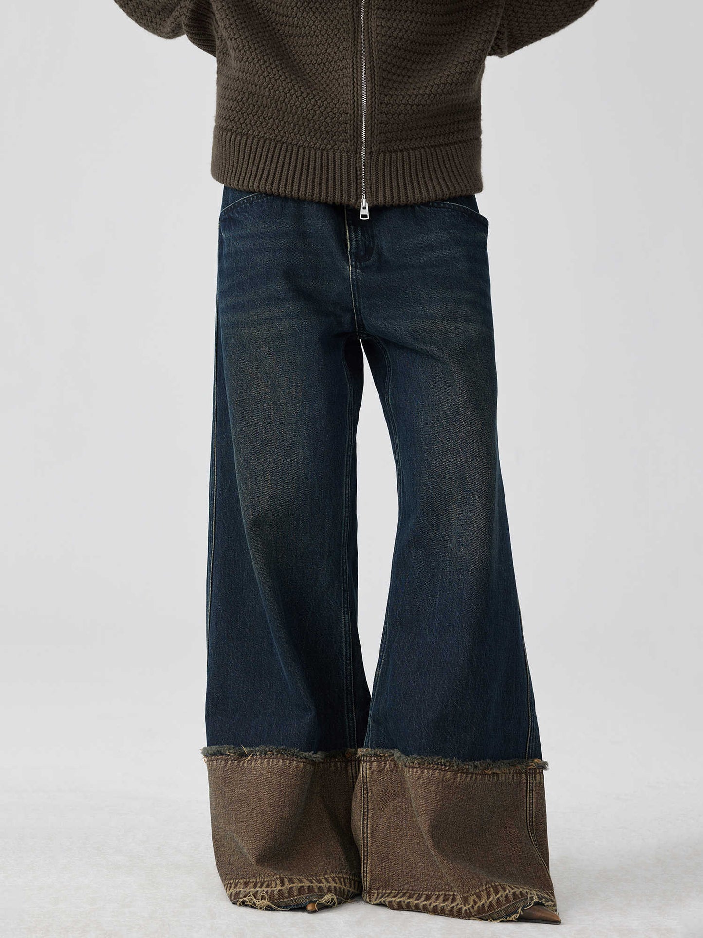 Brown Blue Nano Water Foot Washing Mouth Reverse Stitching Raw Hem Jeans