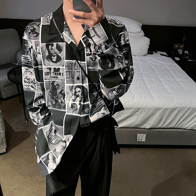 Full Print Comic Retro Flower Shirt Long Sleeve Casual