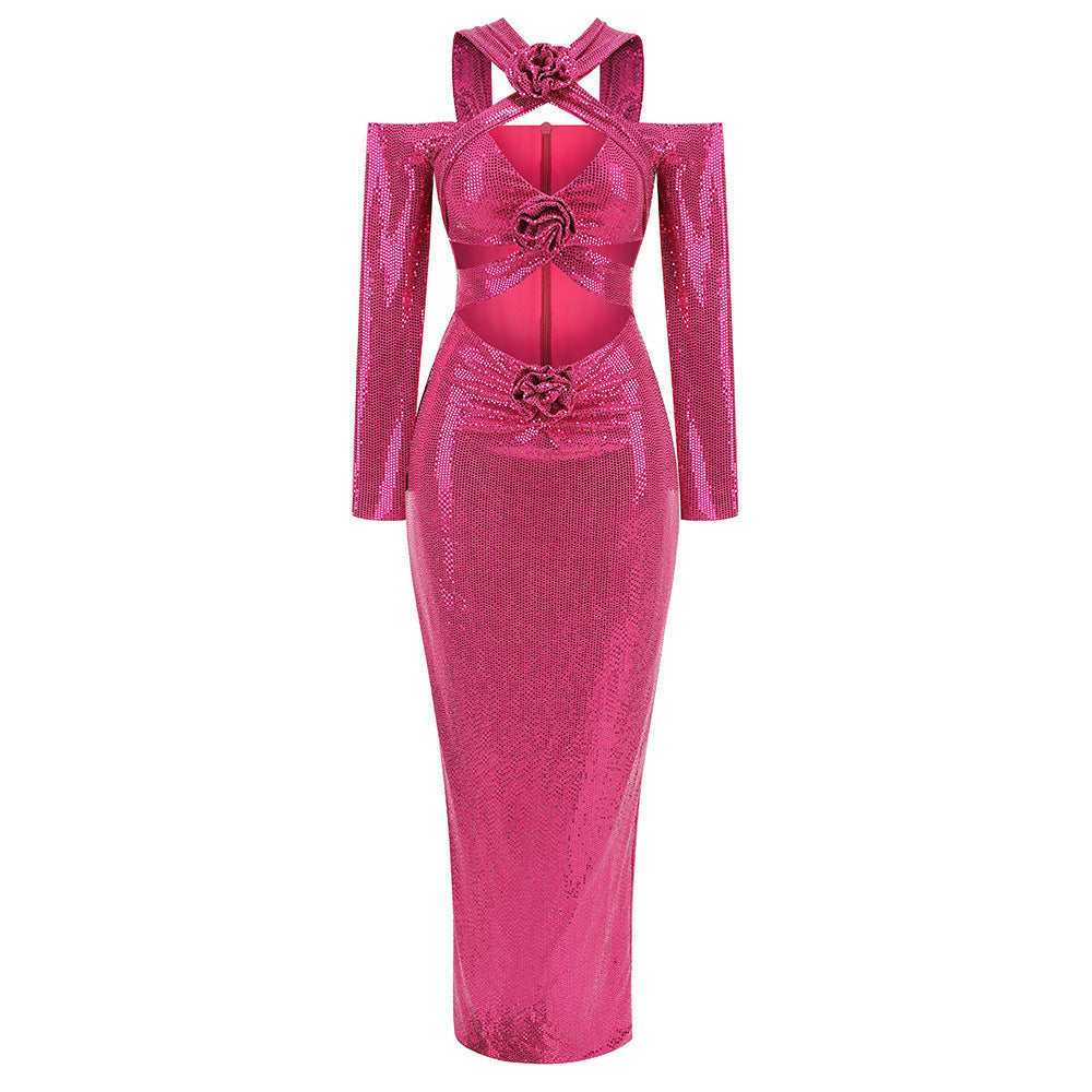 V-neck Long Sleeve Skirt Slit Hemline At Hem Dress