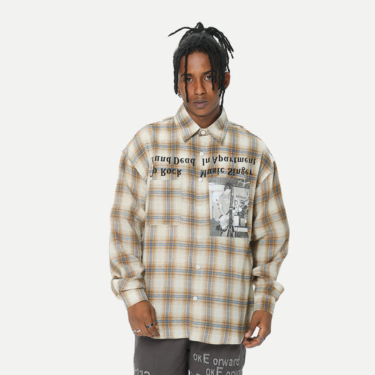 Chemise à carreaux à manches longues et col montant, imprimé lettres de caractère, marque de mode