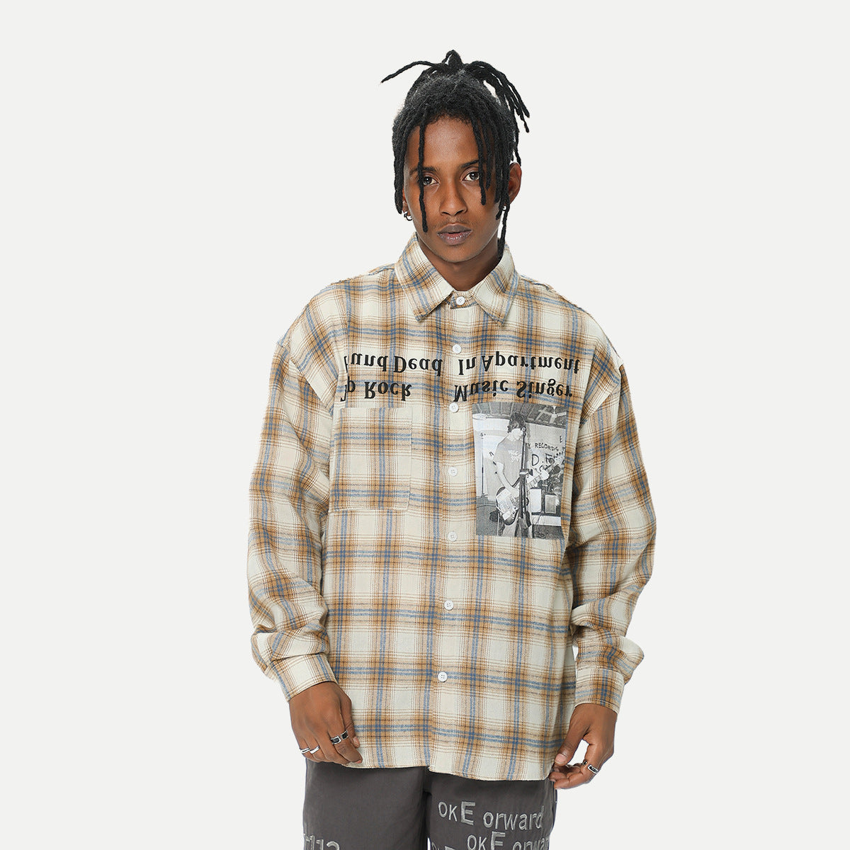 Chemise à carreaux à manches longues et col montant, imprimé lettres de caractère, marque de mode