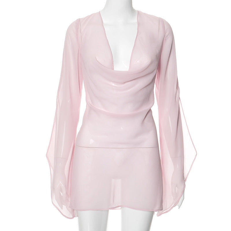 Sheer Long Sleeve Backless Dress