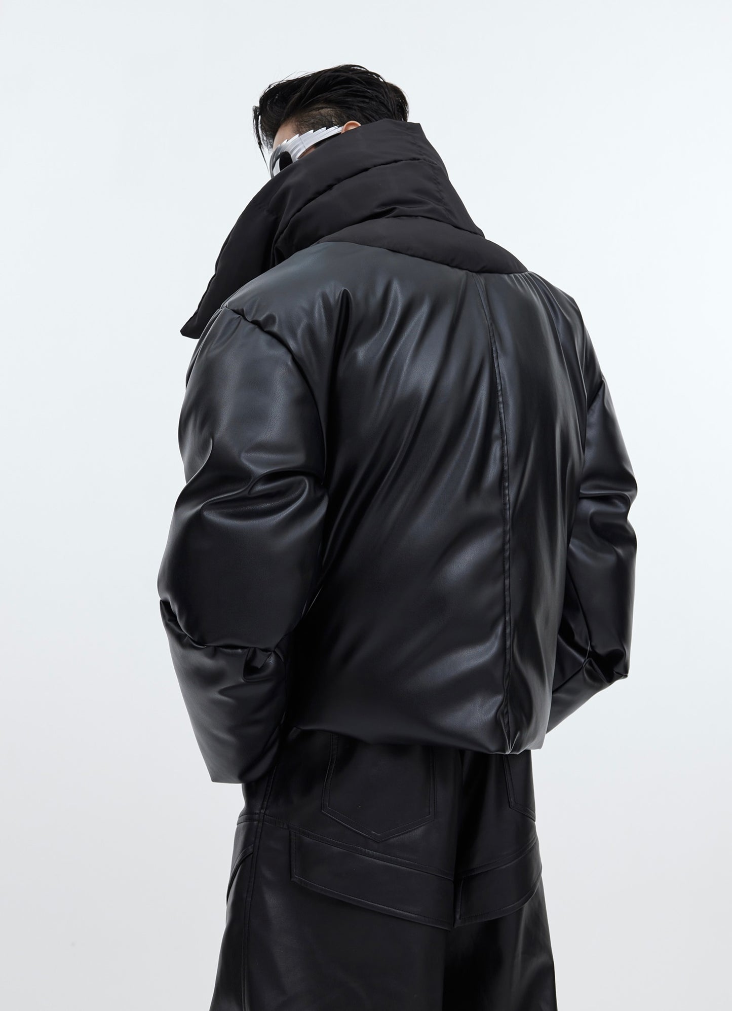 Manteau en coton à double col, veste en cuir PU brillant, surpiqûres, manteau rembourré en coton épaissi.