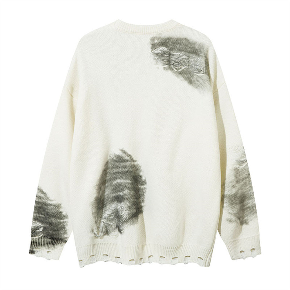 Inkjet Distressed Dirty Chain Round Neck Sweater