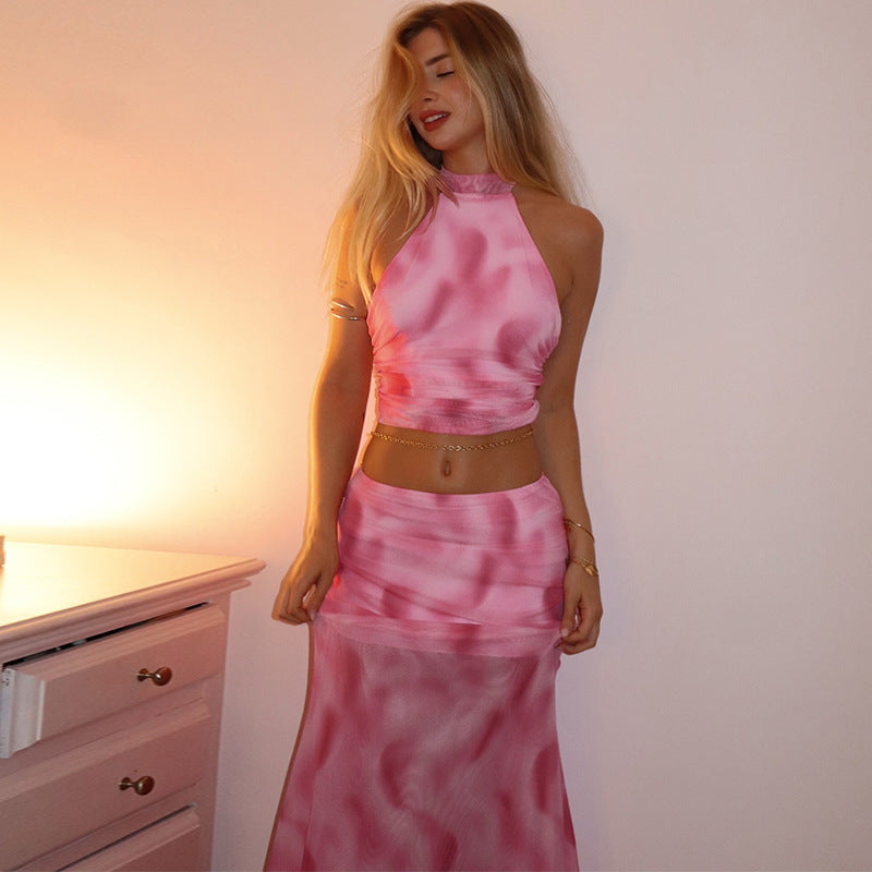 Combinaison sexy dos nu avec jupe en maille imprimée