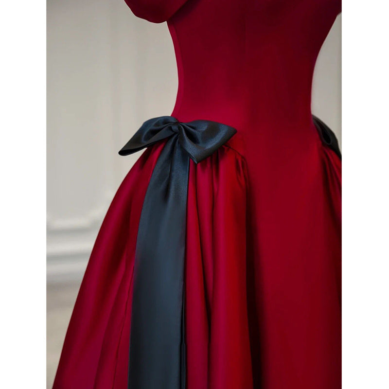 Robe de mariée rouge vin en satin à épaules dénudées, robe de fiançailles légère et luxueuse
