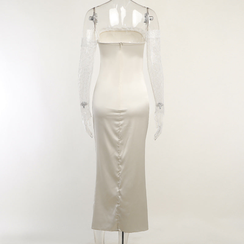 New Long Sleeve Lace Off-shoulder Satin Dress