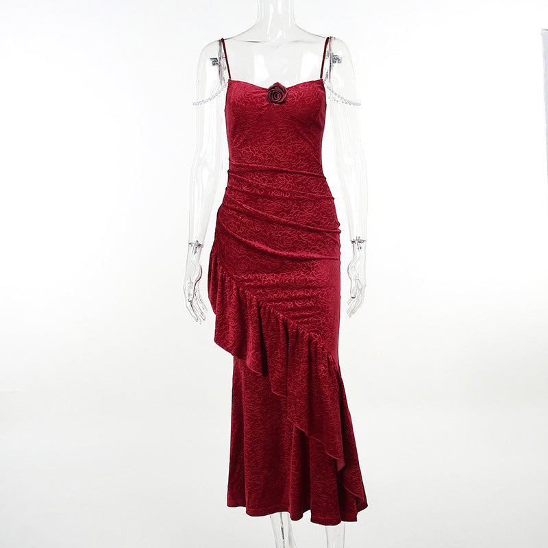 Autumn New Fashion Elegant Slim-fit Rose Strap Fishtail Dress