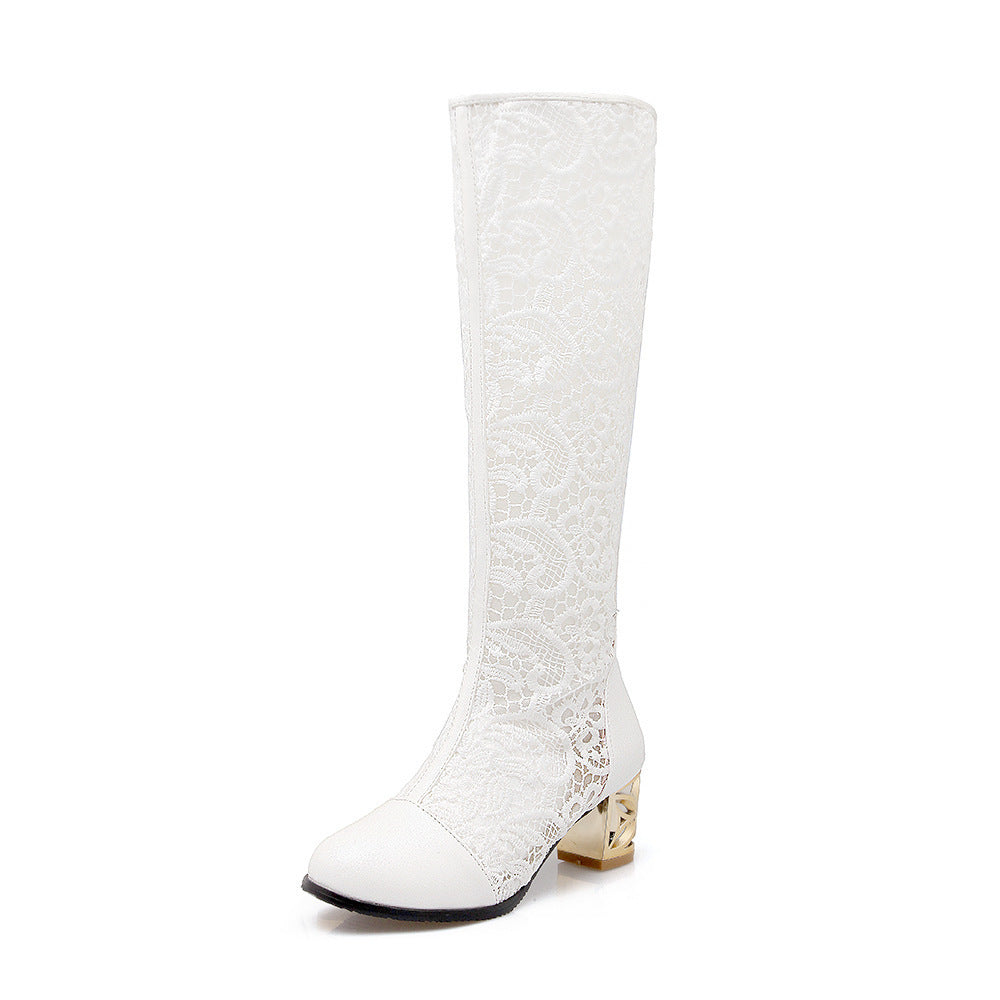 Bottes à bout rond avec coutures en dentelle et fermeture éclair à l'arrière, sandales à talons épais pour femmes