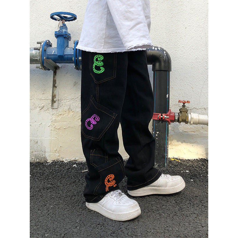 Letter Embroidery Personality All-match Black Jeans Men And Women Loose Wide-leg Pants Hip-hop Mopping Pants Trousers