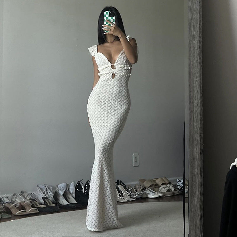 Style INS Pure Desire V-neck Backless Lace-up Cutout Slim Fit Dress