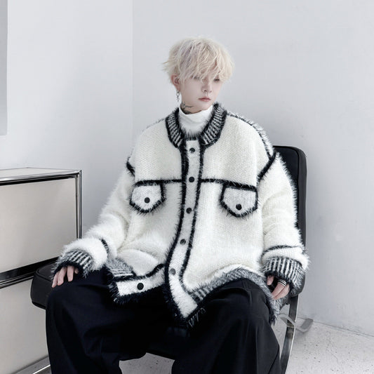 Design Jacquard Contrast Color Sweater Coat Ruan Handsome Lazy Cardigan