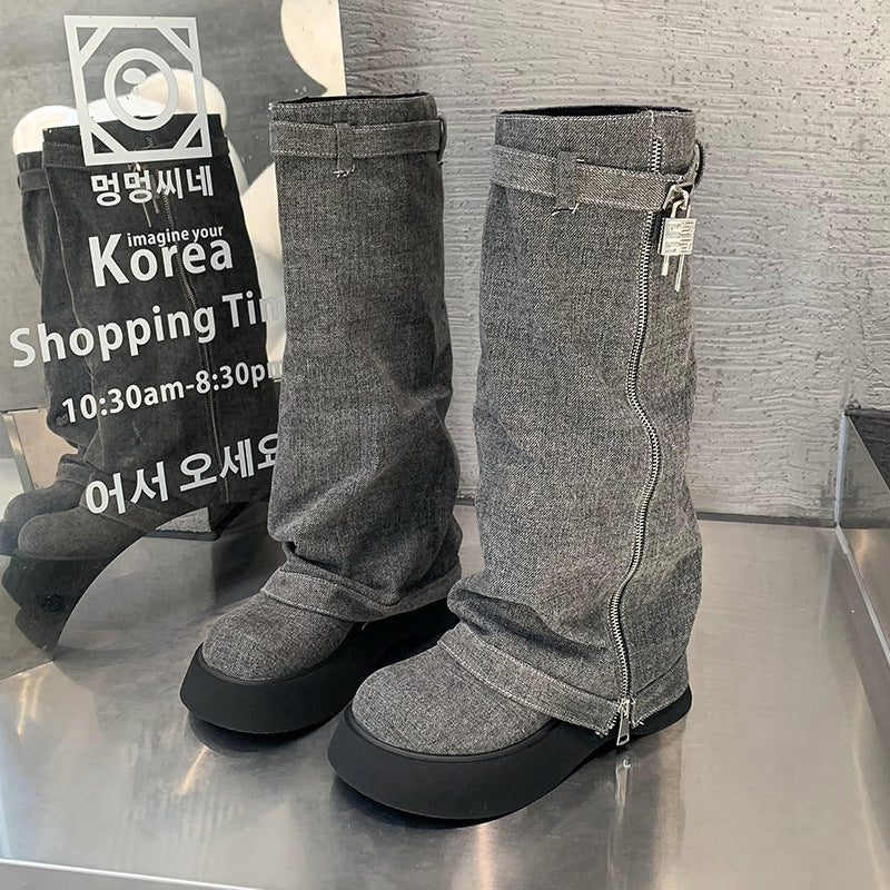 French-style Platform Denim Boots