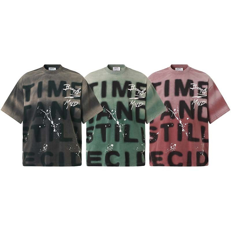 Retro Loose Casual Letter Printing Gradient Splash-ink Design Short-sleeved T-shirt Men