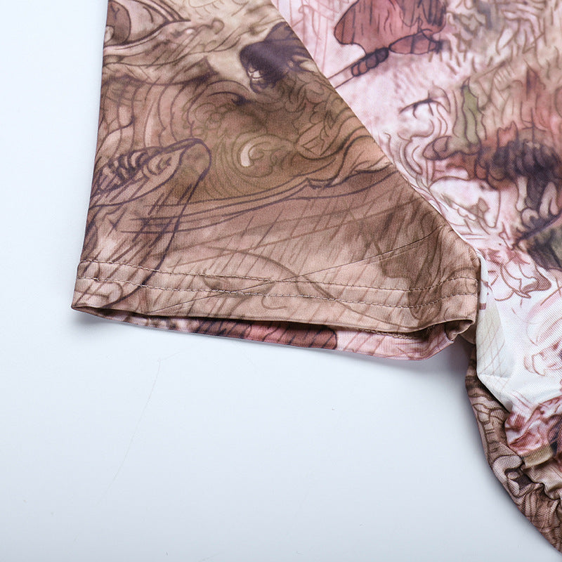 Ruffled Round Neck Printing Short Sleeve