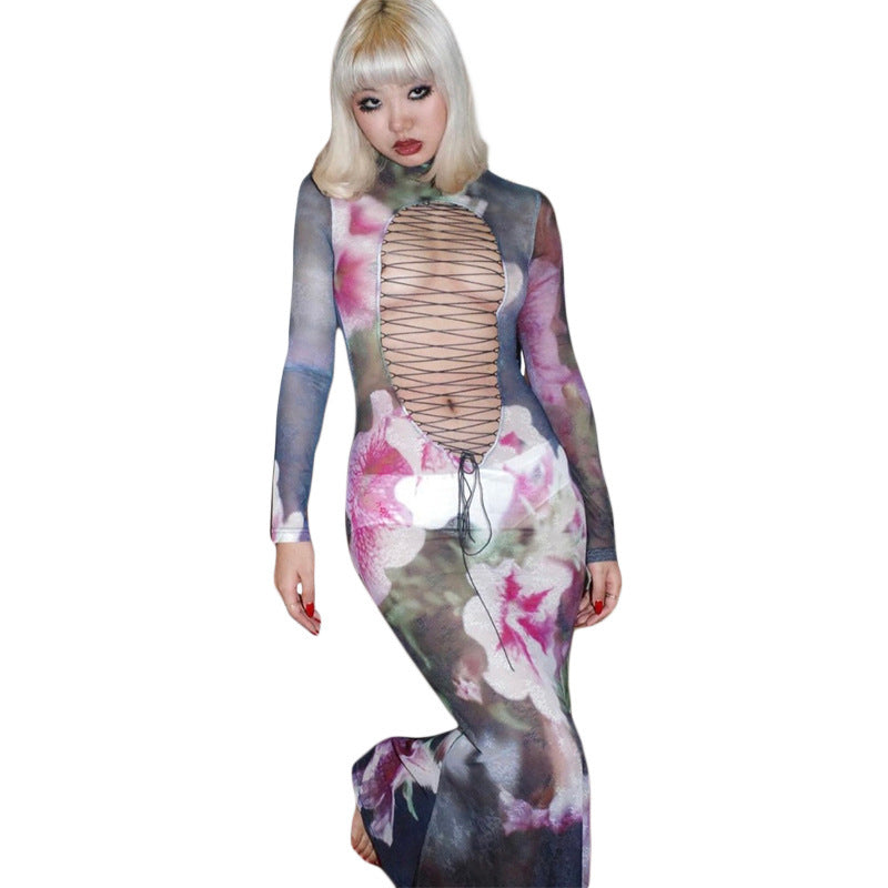 See-through Hollow High Waist Slim Fit Dress