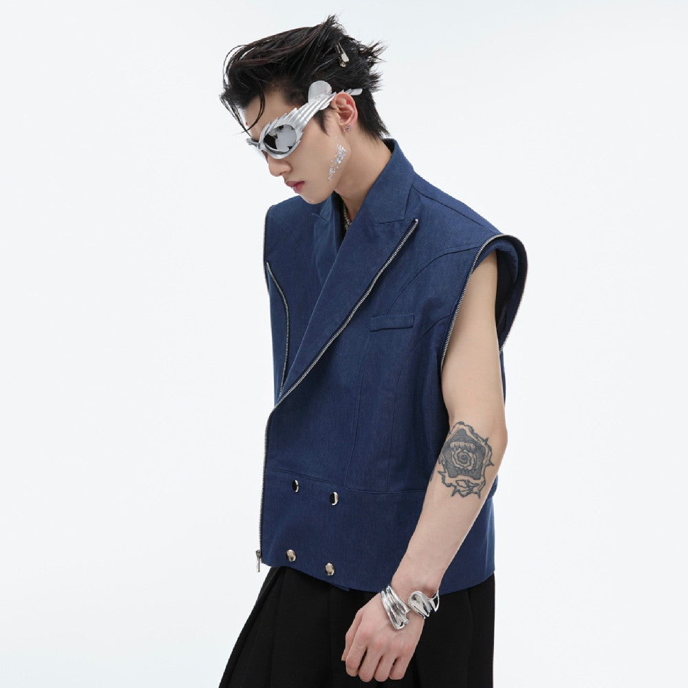 Metal Zipper Detachable Short Sleeve Denim Coat