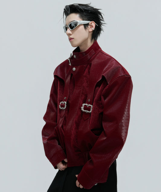 Veste courte à écailles, col montant, coutures en crin de cheval, design robuste, manteau en cuir