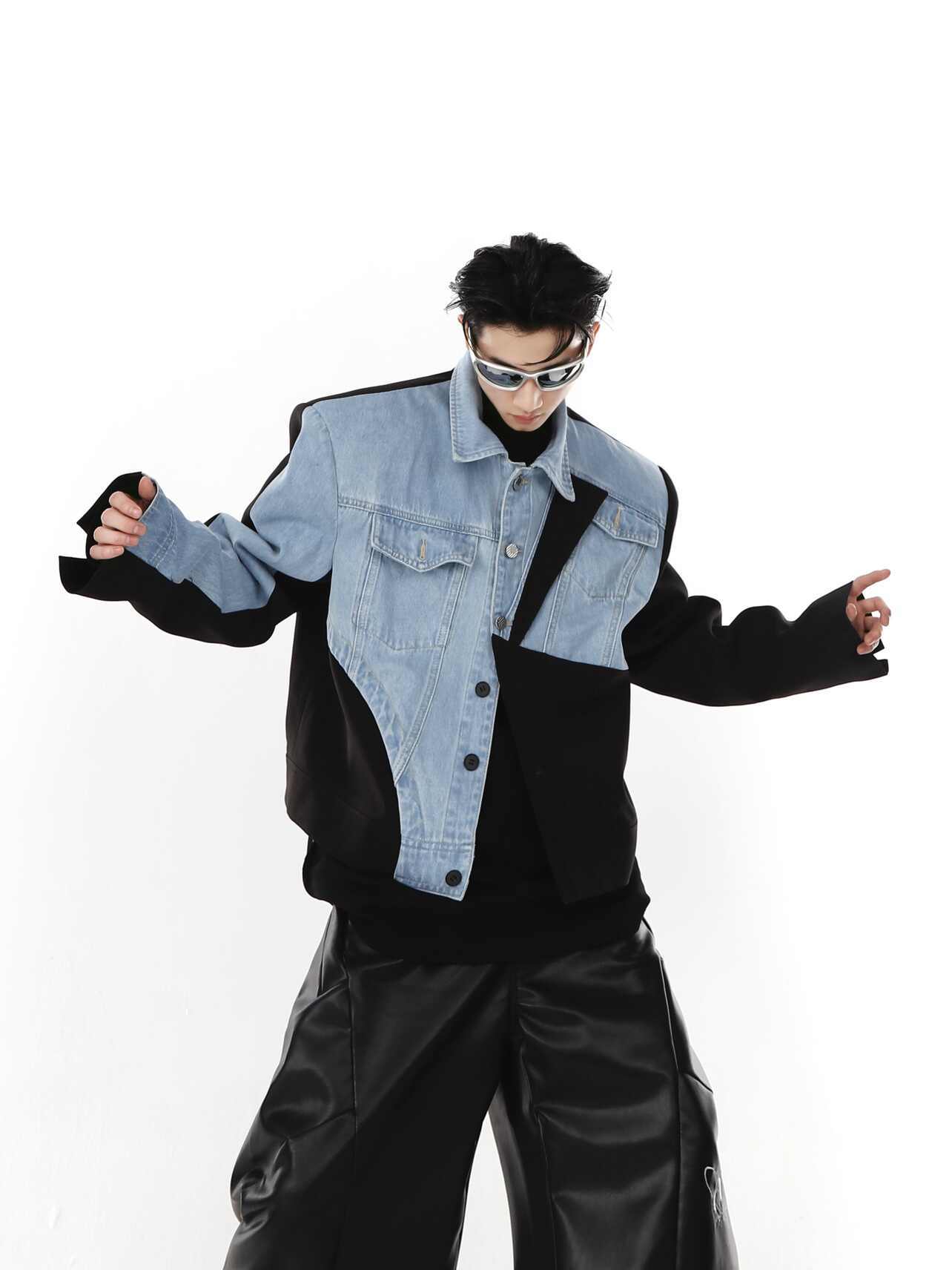 Denim  Patchwork Design Sense Padded Shoulder Suit Jacket Top