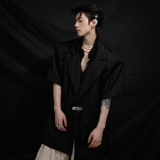 Mesh Stitching Profile Loose Padded Shoulder Short Sleeve