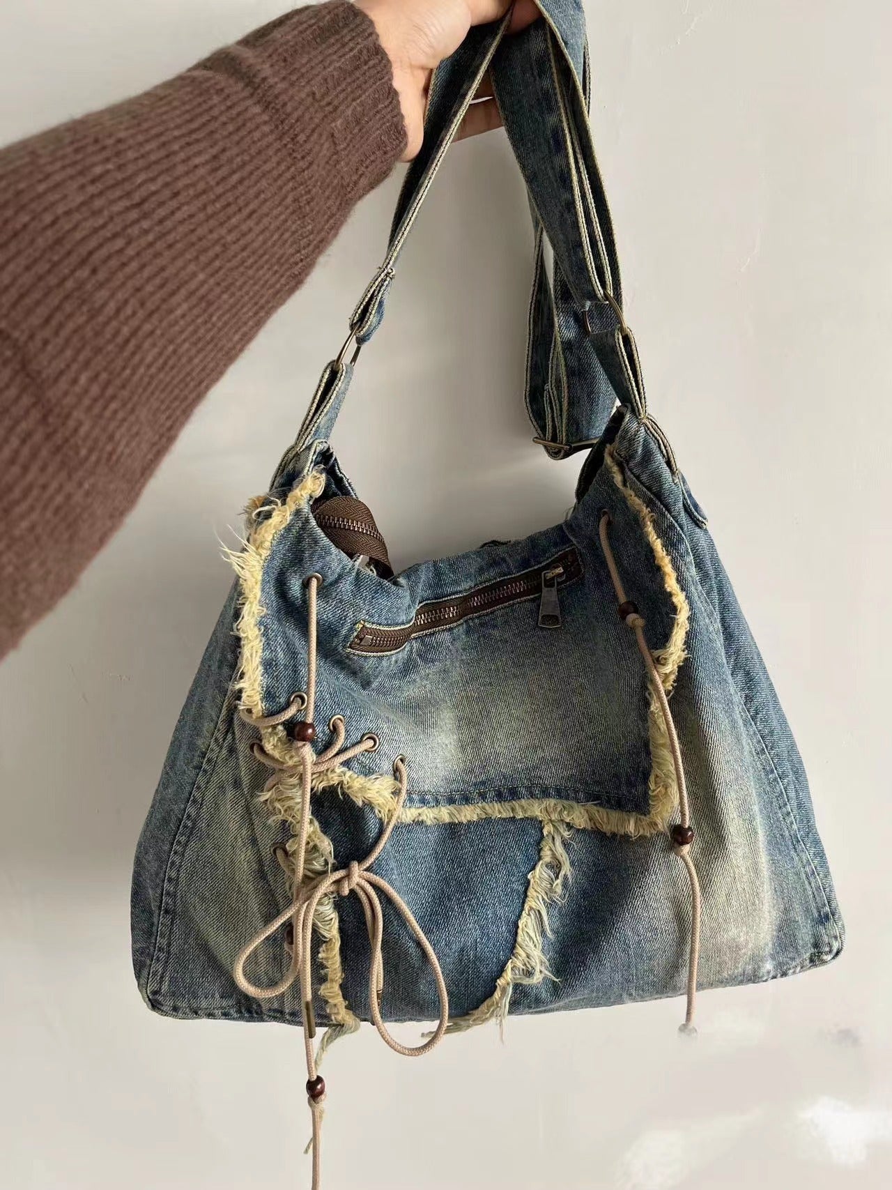 Vintage Denim Washed Brushed Tassel Messenger Bag