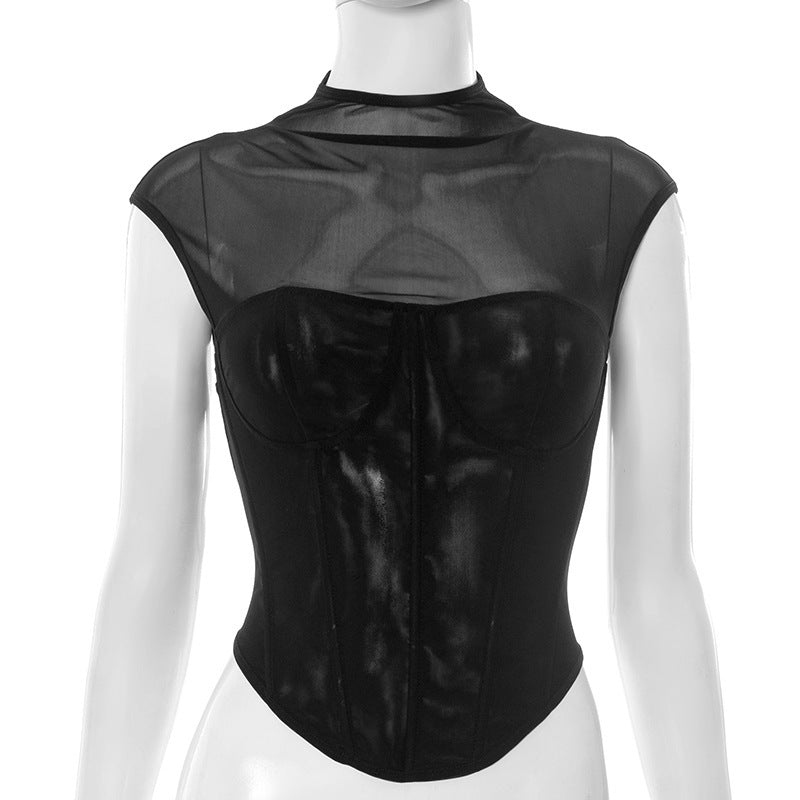 T-shirt sans manches à empiècements patchwork en voile uni, coupe ajustée, pour femme