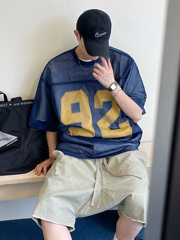 Retro Loose Profile Breathable Mesh Printed Short Sleeve T-shirt