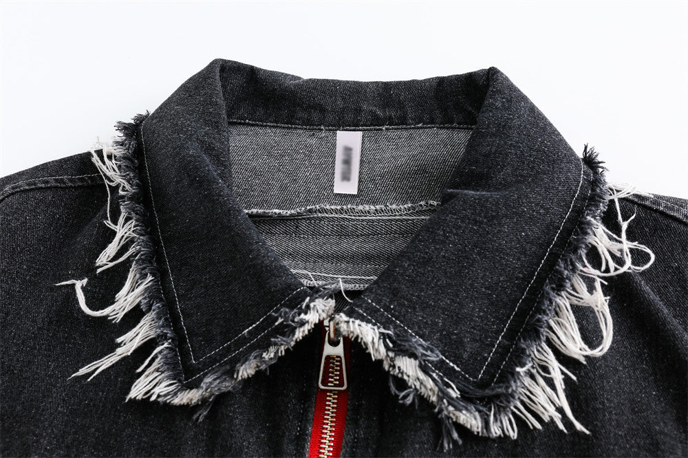 Color Matching Cat Raw-cut Edges Washed And Worn Loose Lapels Coat Fashion