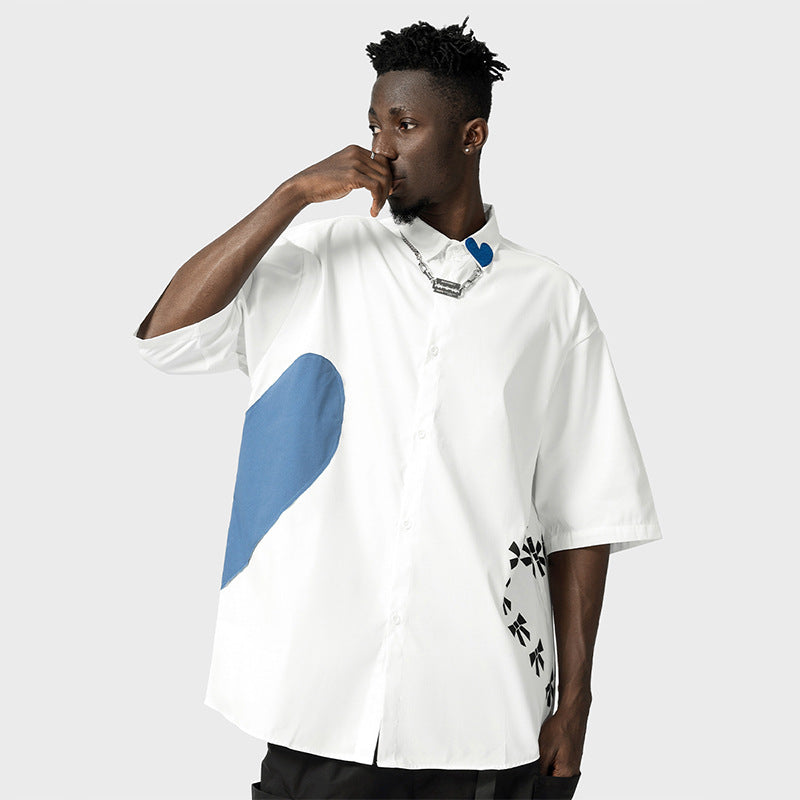 Stitching Contrast Color Drop Shoulder Half Sleeve Couple Shirt