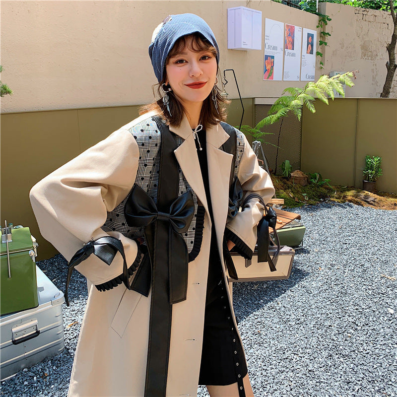 European Version Loose British Style Khaki Windbreaker Bow Fake Two Piece Splicing Long Coat