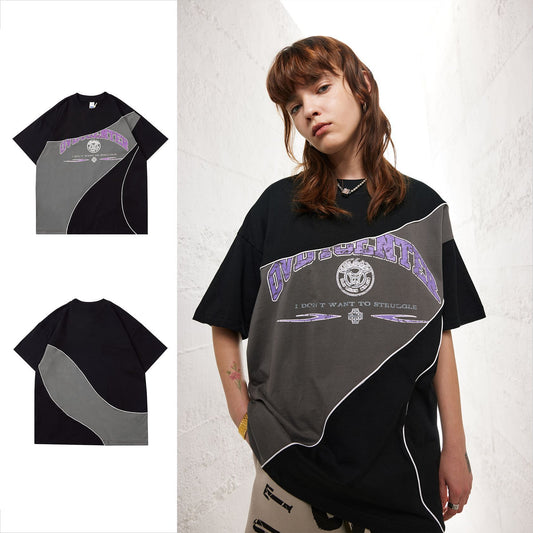 High Street Niche Retro Color Matching Theme Design Drop Shoulder Short Sleeve