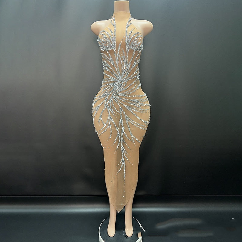 Robe de soirée tendance à cristaux brillants et vaporeux