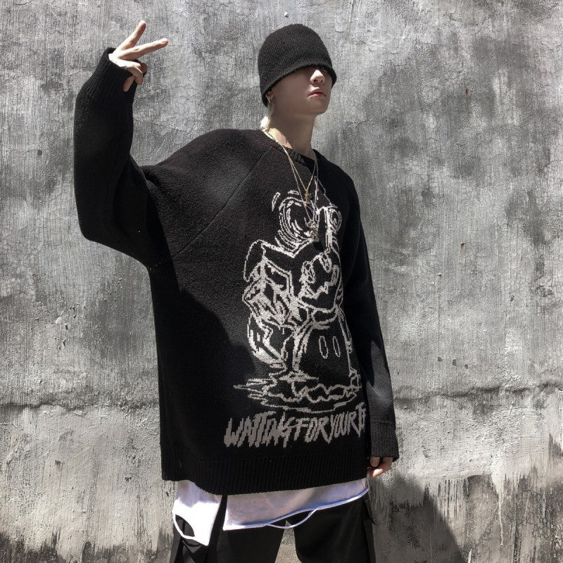 Pull épais brodé hip-hop à manches longues pour couple, automne et hiver