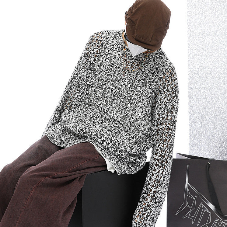 American Show Mixed Color Design Hollow Long Sleeve Sweater