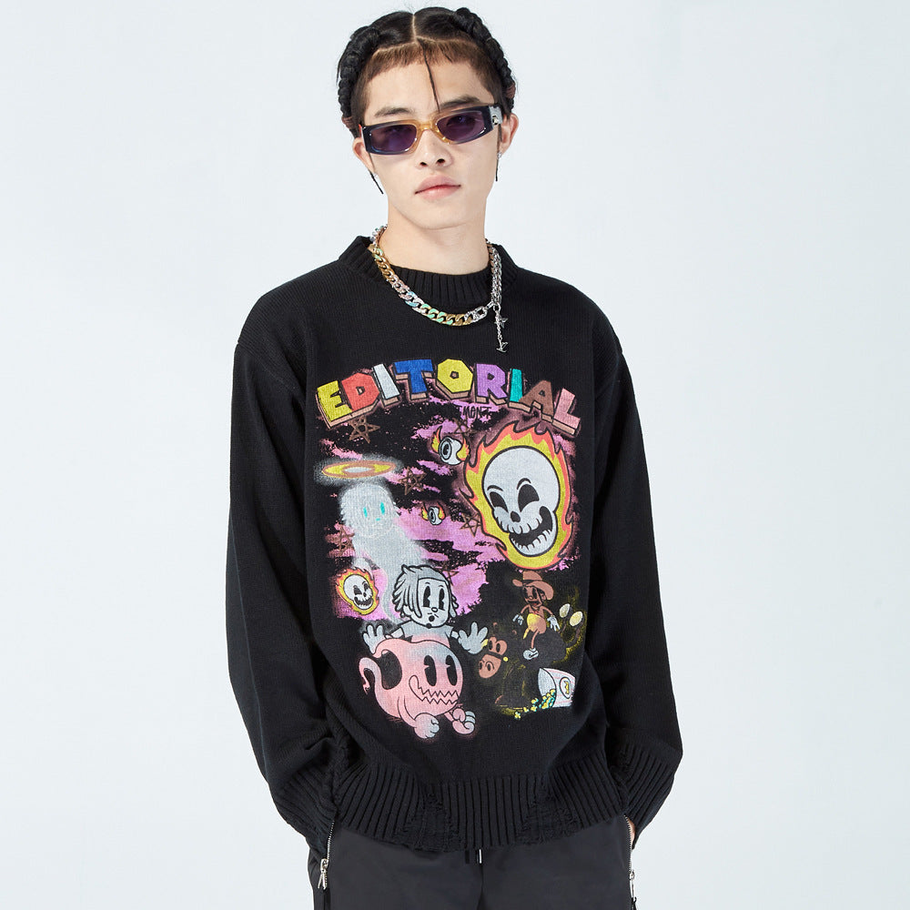 Cartoon Graffiti Printed Sweater Men's Loose Round Neck Sweater