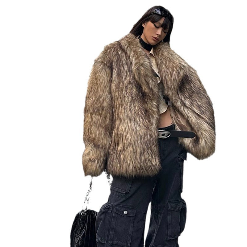 Fur Coat Raccoon Fur Coat Brown Lapel Warm Furry Coat European And American Leisure