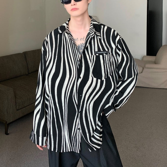 Chemise à revers à imprimé zèbre contrasté, chemise ample à manches longues pour homme