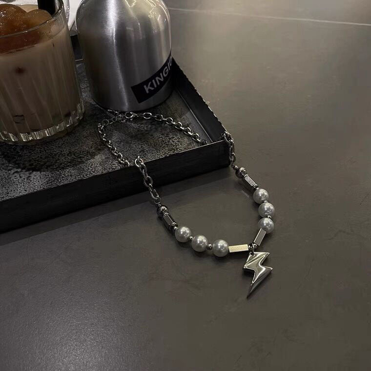 Niche Design Pearl Mosaic Lightning Pendant Necklace Men