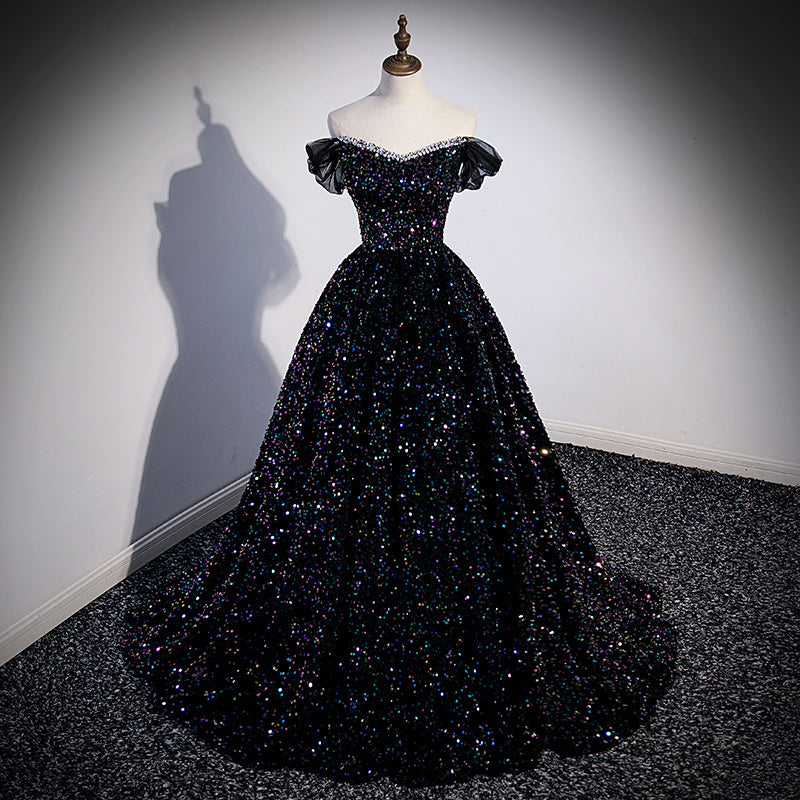Robe de soirée à épaules dénudées et paillettes françaises pour hôte