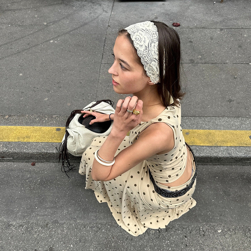 European And American Polka Dot Round Neck Vest Sheath Pleated Dress Suit Women