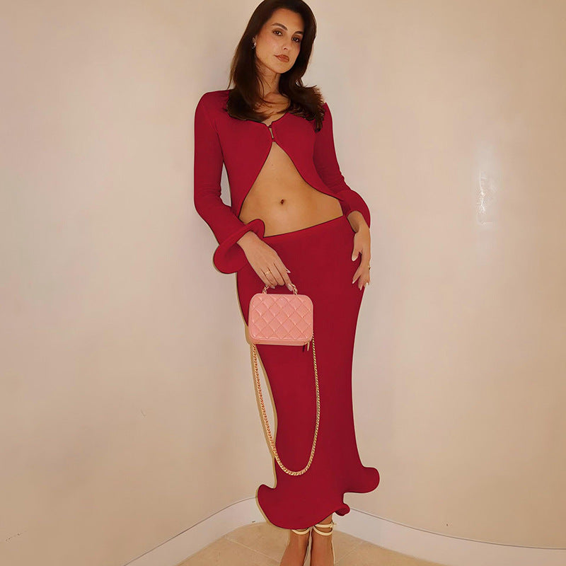 Long Sleeve Cardigan Top Slim Fit Bud Side Package Hip Skirt Suit
