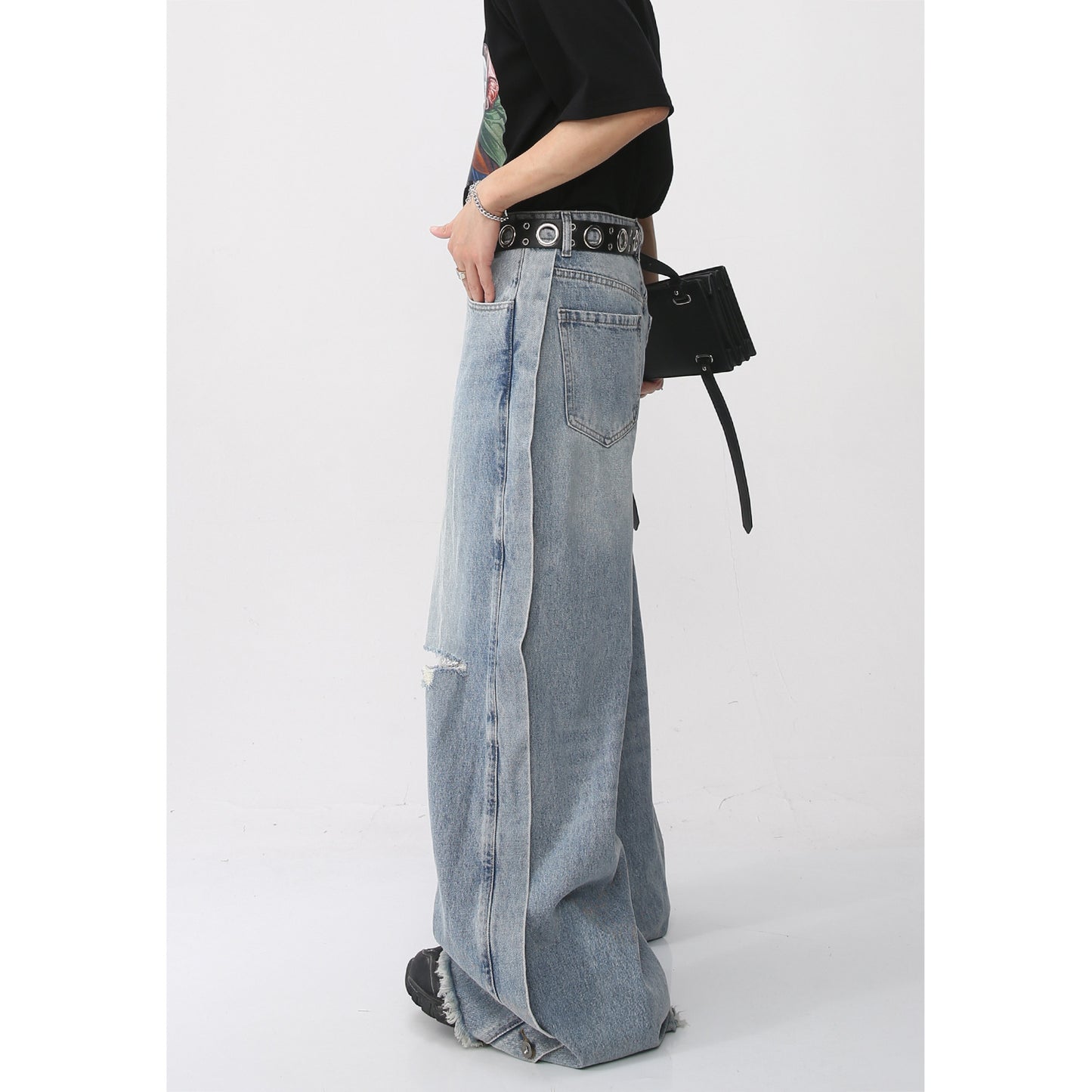 Casual Korean Style Denim Trousers Loose Mop Ripped